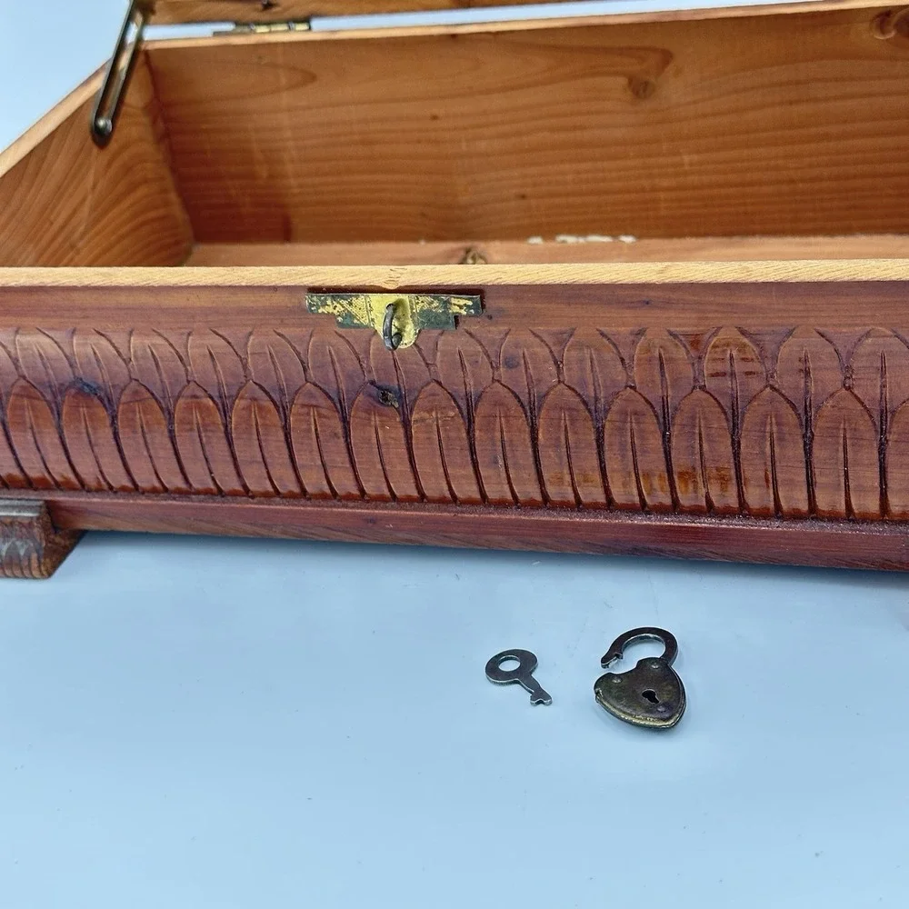 Vintage Carved Cedar Jewelry Box Country Scene Etched Mirror & Scalloped Feet